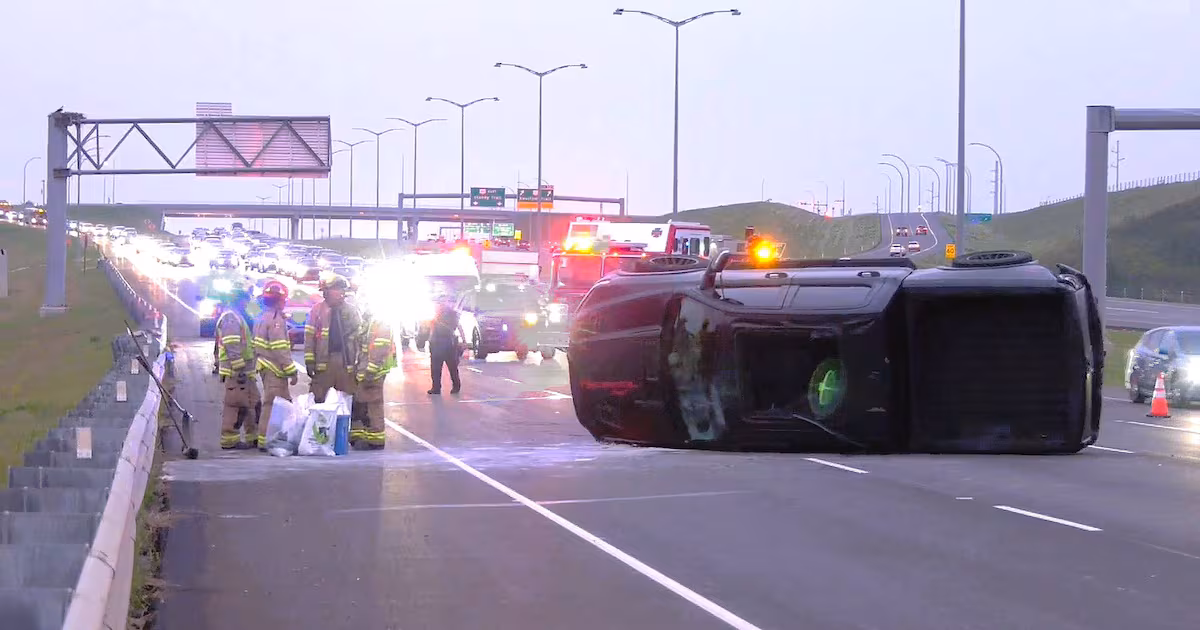 Emergency crews respond to a rollover on westbound Stoney Trail S.E. on Thursday, Aug. 20, 2026.